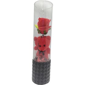 تصویر گل رز شیشه ای استوانه ای و خرس ولنتاین | خرید ست گل رز و خرس قرمز ولنتاین داخل شیشه استوانه ای زیبا 