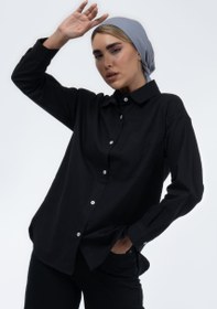 تصویر شومیز لینن اسلپ پنبه مشکی Black linen slub cotton shirt