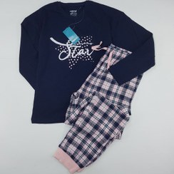 تصویر ست لباس خواب کودک و نوجوان دخترانه و پسرانه Pepperts / Hip & Hopps ۱۰۰٪ پنبه‌ای و نرم | مناسب زمستان و تابستان - 12تا 14 سال / استین بلند سبز ادامسی با شلوار اسلش چهار خانه دخترانه |