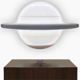 تصویر چراغ خواب کره زحل معلق با پایه چوبی Suspended Saturn lamp with wooden base