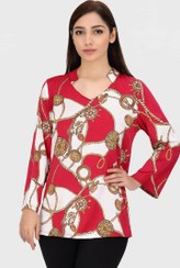 تصویر شومیز زنانه یقه هفت جنس ساتن طرح دار 