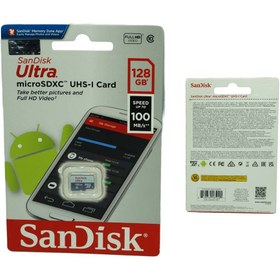 تصویر کارت حافظه microSDXC سن دیسک مدل Ultra کلاس 10 استاندارد UHS-I U1 سرعت 100MBps ظرفیت 128 گیگابایت SANDISK 128GB 100MBPS memory card