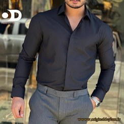 تصویر پیراهن مردانه پارچه دوشین آبی نفتی با یقه snt مجلسی کد SHNK8766 Men's Double-Necked Shirt with Snt Collar SHNK8766 Code