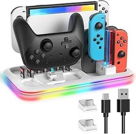 تصویر شارژر کنترلر هلن سوئیچ برای Nintendo Switch و OLED Joy Con Charging Dock ، ایستگاه سازمان دهنده سوئیچ با چراغ RGB برای حوض تلویزیون ، کنترل کننده حرفه ای ، 4 شادی ، USB-C گسترده ، 8 اسلات بازی (سفید) HELEE Switch Controller Charger for Nintendo Switch &amp; OLED Joycon Charging Dock, Switch Organizer Station with RGB Lights for TV Dock, Pro Controller, 4 Joy-Cons, Extended USB-C, 8 Game Slots (White)