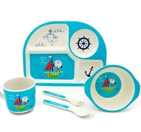 تصویر ست ظرف غذای کودک 5 پارچه فیبر بامبو طرح سگ قایقران Bamboo Fiber Baby Feeding Set – 5 Pieces (Sailor Dog Design)