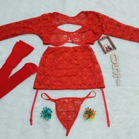 تصویر ست لباس زیر فانتزی زنانه ۴تکه از جنس دانتل تمام کش کد D057 Women's lingerie