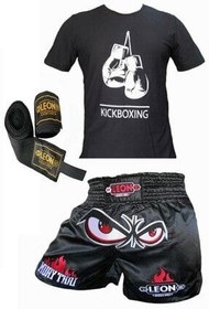 تصویر تجهیزات بوکس مشکی Kickboxing ، Boxing Thai T Shirt Shorts Set 3.5 متر مجموعه باند By Leon 1982 