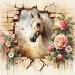 تصویر پوستر دیواری سه بعدی اسب سفید پشت دیوار شکسته با گل‌های رز 