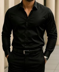 تصویر پیراهن آستین بلند مشکی مردانه پارچه ساتن پنبه درجه یک کد ۷۵۷ 