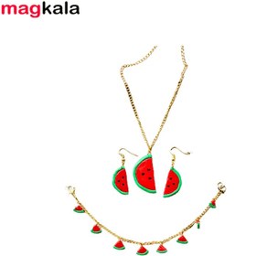 تصویر ست زینتی گردنبند، دستبند و گوشواره هندوانه شب یلدا Ornamental set of necklace, bracelet and watermelon earrings on Yalda night