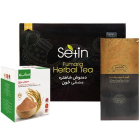 تصویر پک قهوه موکا - سبوس برنج و دمنوش مصفی خون دکتر بیز Mocha coffee pack (20 pieces), brown rice bran (25 pieces), Dr. Bees blood purifier (120 pieces)