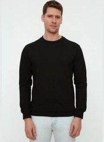 تصویر سویشرت مردانه مشکی با فیت معمولی و آستین بلند. برند trendyol Black Men's Regular Fit Crewneck Long Sleeved Sweatshirt.