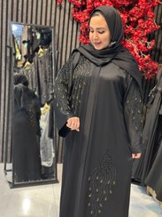 تصویر مانتو عبایی کریشه جواهر دوزی شده پنج گل طرح طاووس کد 705 