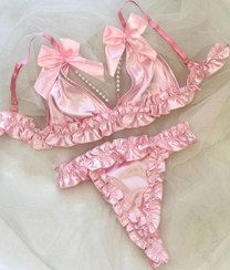 تصویر ست شورت و سوتین زنانه ساتن کد 2017 با بند مرواریدی 