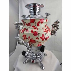 تصویر سماور برقی برنجی گل دار سفید و قرمز Brass electric samovar with white and red flowers