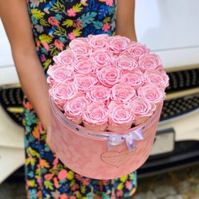 تصویر Pale Pink Eternal Roses in a Large Pink Flocked Flowerbox - Love Edition | کد: ZNB-1IWM 