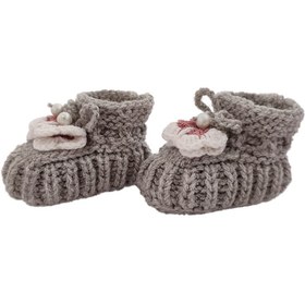 تصویر پاپوش بافتنی نوزاد دخترانه طرح پروانه طوسی Gray Butterfly Baby Girl Knitted Slippers