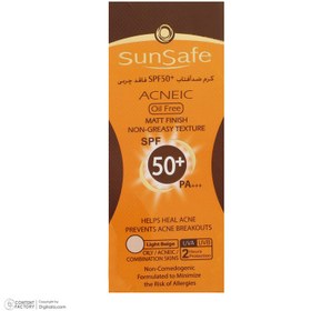 تصویر کرم ضد آفتاب رنگی سان سیف، مدل SPF50، مناسب پوست چرب، مختلط و دارای آکنه تنالیته رنگ روشن و حجم 50 میلی‌لیتر، محافظت کننده در ب 