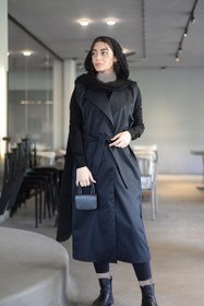 تصویر ست ترنج کت و سارافون ریچ کت کتان کجراه رنگ کرم کد (7102) - مشکی / Set of trange coat and black sarong