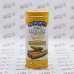 تصویر ویفر رولی شکلاتی-فندقی وایت کستل قوطی فلزی 100 گرمی White Castle Luxury Chocolate Hazelnut Cream Wafer Rolls 