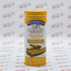 تصویر ویفر رولی شکلاتی-فندقی وایت کستل قوطی فلزی 100 گرمی White Castle Luxury Chocolate Hazelnut Cream Wafer Rolls 