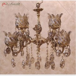 تصویر لوستر برنزی 8 شعله طرح دو گل کوچک طراحی شده با سر شاخه های کریستالی و رنگ طلایی 