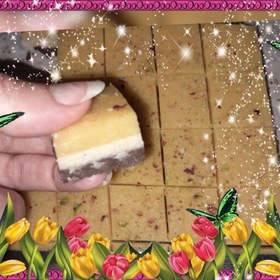 تصویر حلوای خانگی سه رنگ در اشکال مختلف،رولتی مکعبی و... 