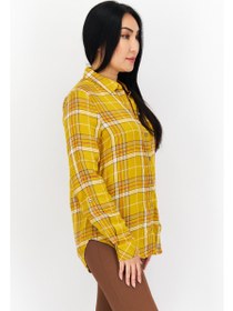 تصویر بلوز آستین بلند چهارخانه با یقه پخش مخصوص زنان، ترکیب رنگ نارنجی برند s.oliver Women Spread Collar Plaid Long Sleeves Blouse, Orange Combo