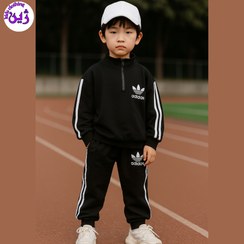 تصویر ست بلوز شلوار آدیداس سایز ۵ تا ۱۲ سال رنگ یاسی و مشکی 