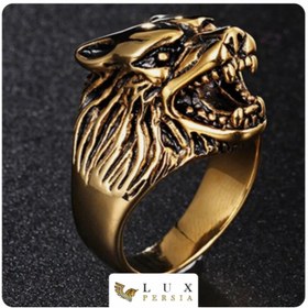 تصویر انگشتر استیل گرگ طلایی 