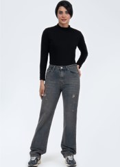 تصویر شلوار جین واید زاپ دار Dirty تیره 30007097 Dark distressed wide leg dirty jeans