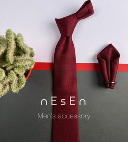 تصویر ست کراوات و دستمال جیب مردانه | قرمز تیره ساده S19 