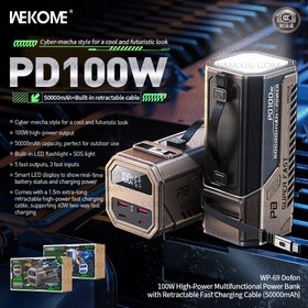 تصویر پاوربانک mAH 50000 چندکاره ۱۰۰ واتی برند WEKOME مدل WP-69 با کابل شارژ سریع جمع‌شونده (۵۰۰۰۰) میلی‌آمپر | WEKOME WP-69 100W High-Power Multifunctional Power Bank 