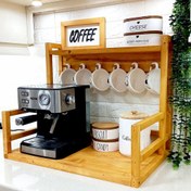 تصویر استند چوبی کافه بار غراب چوب – نظم‌دهنده چندطبقه برای قهوه‌ساز و فنجان 