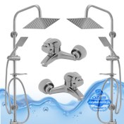 تصویر ست ۴ عددی دوش حمام با علم یونیورست صفحه استیل شیرآلات برند آیدا صنعت مدل قهرمان | کروم مات 