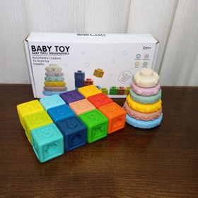 تصویر اسباب بازی برج هوش سیلیکونی و مکعب اعداد حسی 