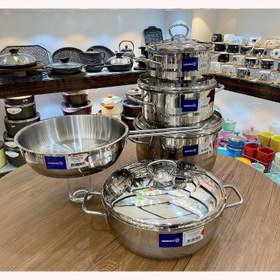 تصویر سرویس قابلمه استیل 9 پارچه کرکماز مدل استرا 9-piece stainless steel pot service karkamaz estra model