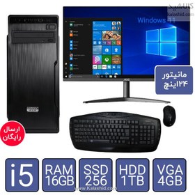 تصویر کامپیوتر کامل پلاس با پردازنده i5 و مانیتور 24 اینچ و ماوس کیبورد CPU I5,RAM 16GB,SSD 256GB,VGA 4GB,HDD 1TB,CASE AVA GREEN,DVD