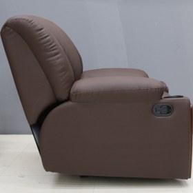 تصویر مبل ریلکسی مدل نما چوب جالیوانی دار A single recliner sofa with a wooden face and cup holder