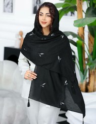 تصویر شال مشکی خامه دوزی شیک - برگ نقره ایی Scarf