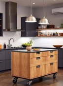 تصویر جزیره آشپزخانه تیــرامو کشودار چرخ‌دار با صفحه مشکی 