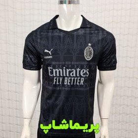 تصویر کیت چهارم میلان 2024 رنگ مشکی طرح هواداری کیفیت +A تایلندی - S Milan 2024 fourth kit, black color, Thai +A fan design