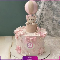 تصویر کیک تولد شکوفه صورتی با خرسی ناز 