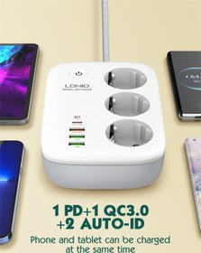 تصویر چند راهی 3 خانه برق ارت دار هوشمند الدینیو SEW3452 با کابل 2 متری + شارژر USB و Type-C Ldnio SEW3452 Way Electricity Adapter 2M With 3 USB And 1 Type-C Port