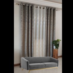 تصویر پک آماده 3 تیکه پرده آماده پانچی مخمل طلاکوب درختی طوسی و کرپ محو ابری 