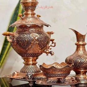 تصویر سرویس سماور 4.5 لیتری برقی و زغالی مسی با قلم زنی فوق العاده سیاه قلم 