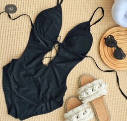 تصویر مایو زنانه اسلیپ لباس شنا فانتزی با بند گردنی و جلو گره ای کاپ دار همراه با کلاه ضد کلر تا سایز 42 