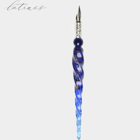 تصویر دسته قلم شیشه ای نگینی آبی با نوک فلزی 