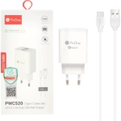 تصویر شارژر دیواری 18W فست دو پورت ProOne مدل PWC520 به همراه کابل Type-C – سرعت بالا، ایمنی برتر، طراحی کاربردی 