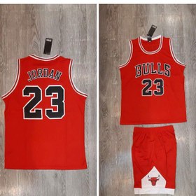 تصویر پیراهن حلقه ای و شورت بسکتبالی قرمز شیکاگو بولز Chicago Bulls Basketball jersey Red